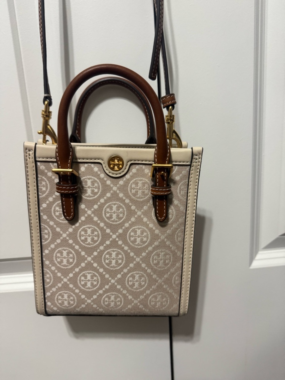 Tory Burch Mini Tote in Cream and Brown with Gold Hardware